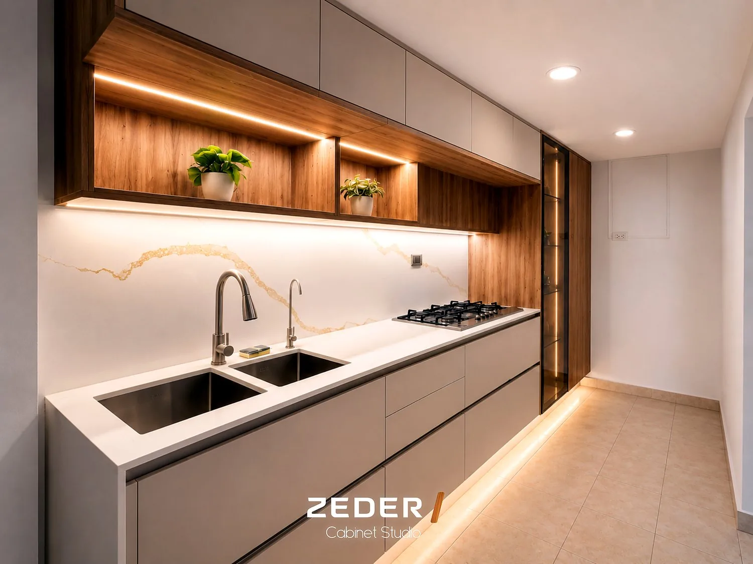 Cocina lineal con doble tarja fabricada por Zeder Cabinet Studio en Culiacán