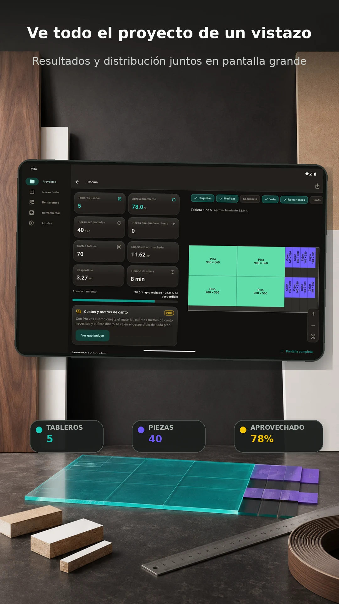Zeder Cut en tablet mostrando resultados del proyecto y la distribución del tablero al mismo tiempo
