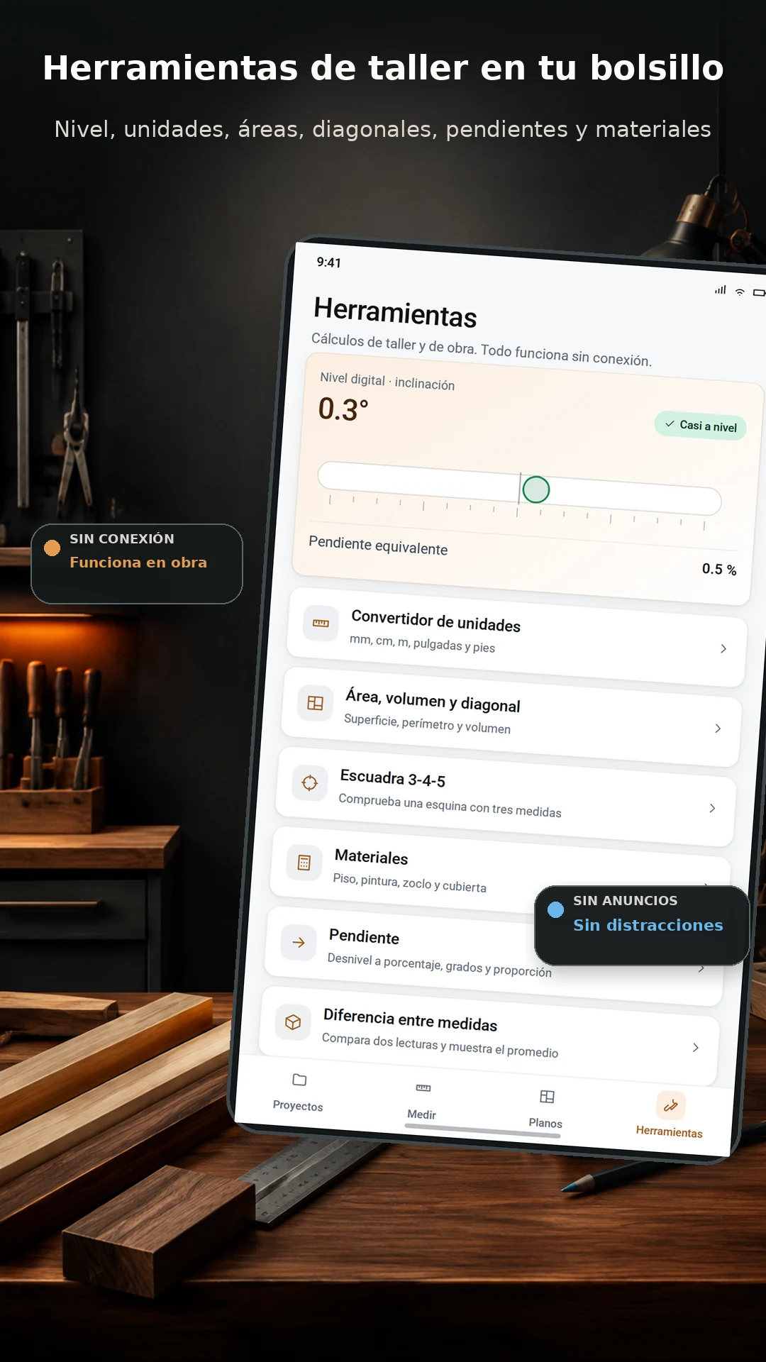 Pantalla de herramientas de Zeder Measure con nivel digital en 0.3 grados, convertidor de unidades, escuadra 3-4-5 y cálculo de materiales