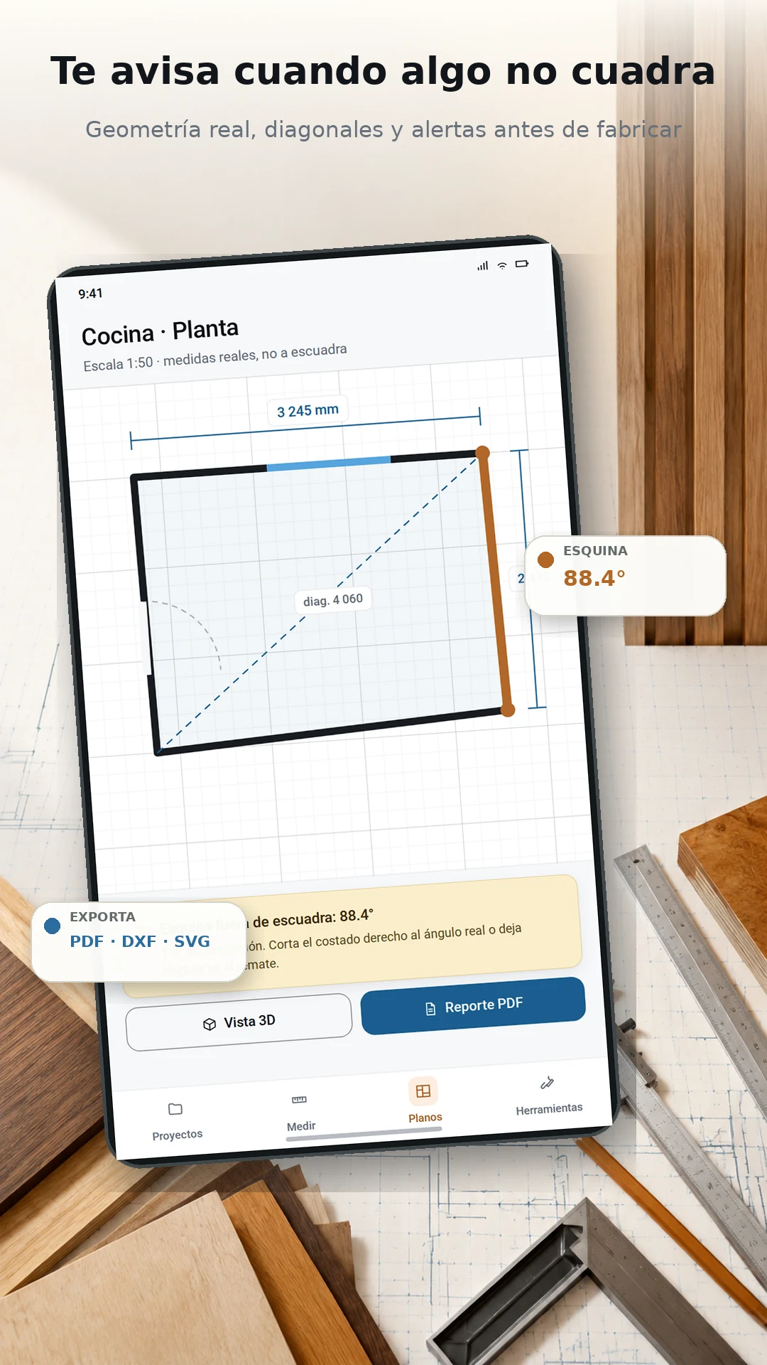 Planta de una cocina en Zeder Measure a escala 1:50 con diagonal de 4060 milímetros y aviso de esquina fuera de escuadra a 88.4 grados