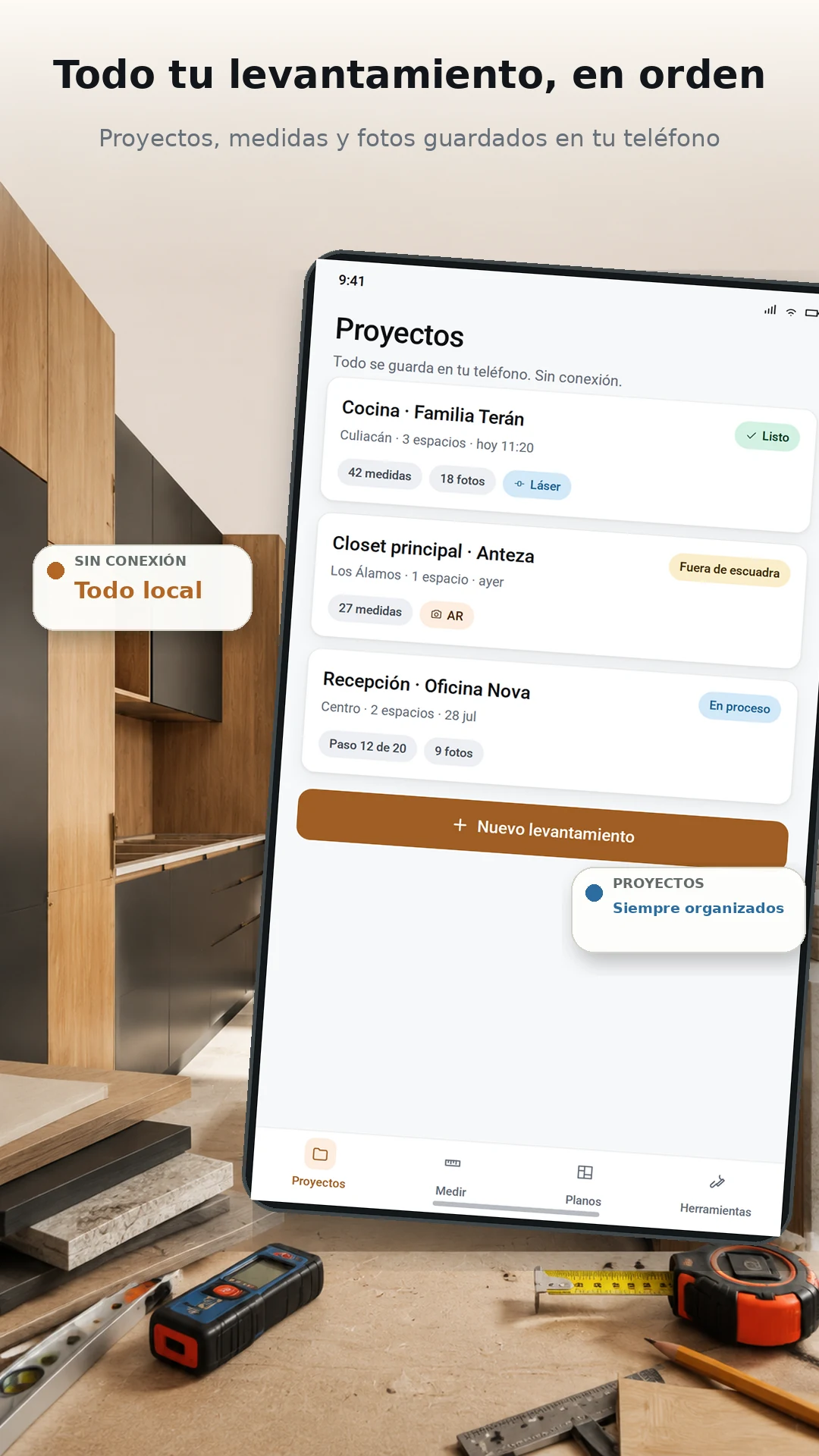 Pantalla de proyectos de Zeder Measure con tres levantamientos: cocina, closet y recepción, cada uno con su conteo de medidas y fotos